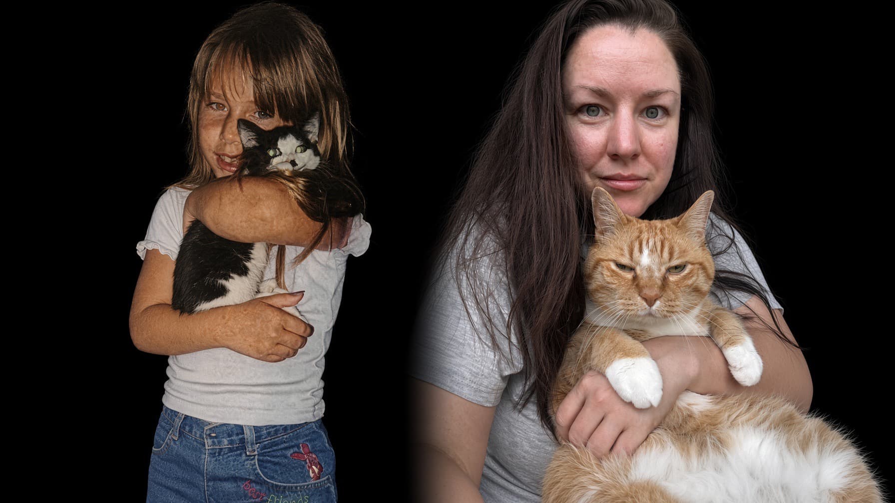 Krysta as a kid and as an adult, both with a cat